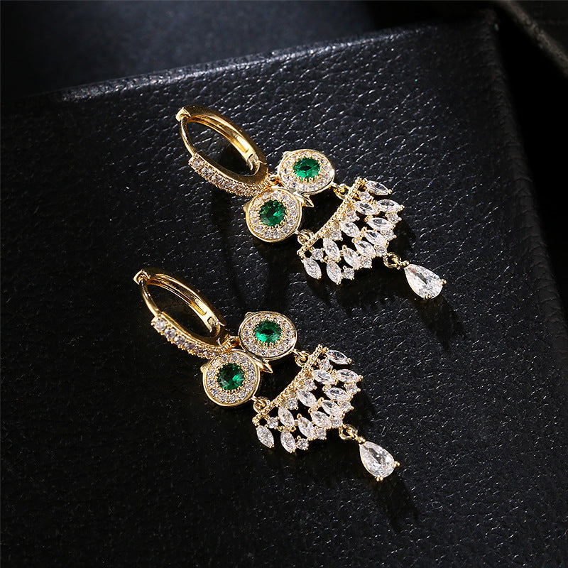 Emerald Owl Drop Earrings