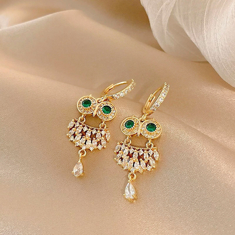 Emerald Owl Drop Earrings
