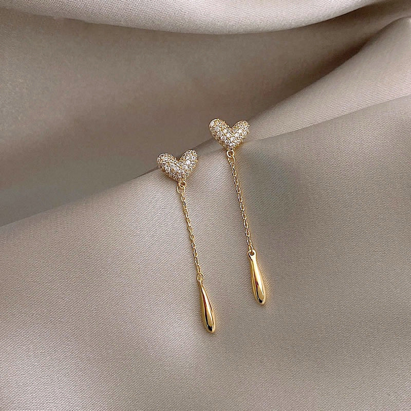Gold Heart Stud Earrings with Chain Dangles