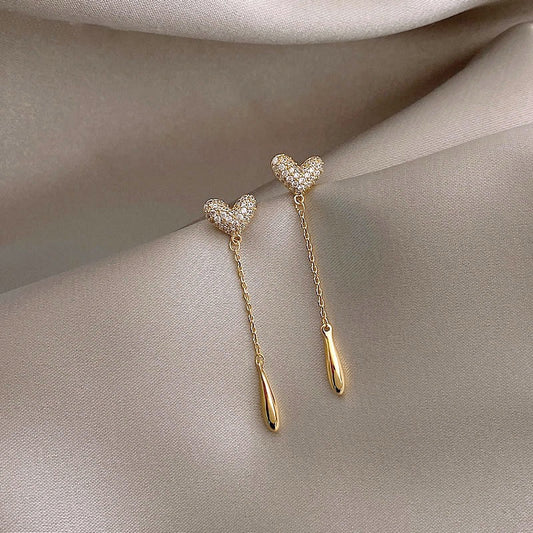 Gold Heart Stud Earrings with Chain Dangles