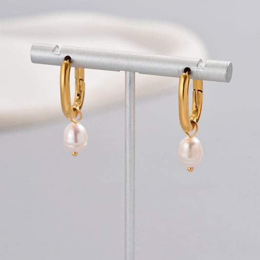 Gold Oval Hoops with Freshwater Pearl Drops