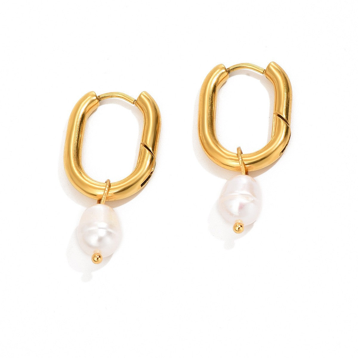 Gold Oval Hoops with Freshwater Pearl Drops