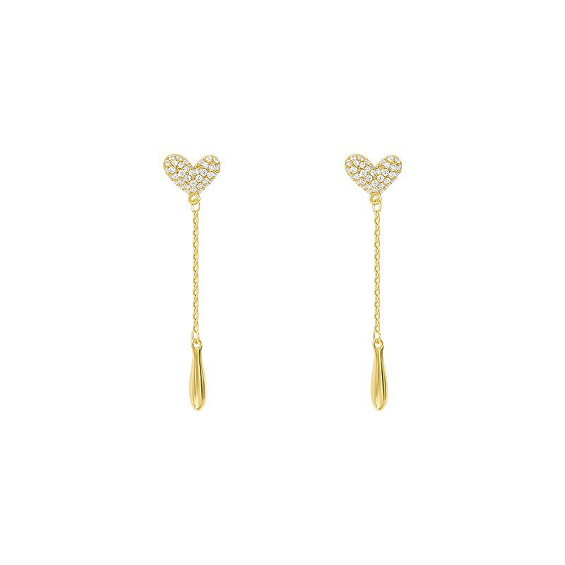 Gold Heart Stud Earrings with Chain Dangles