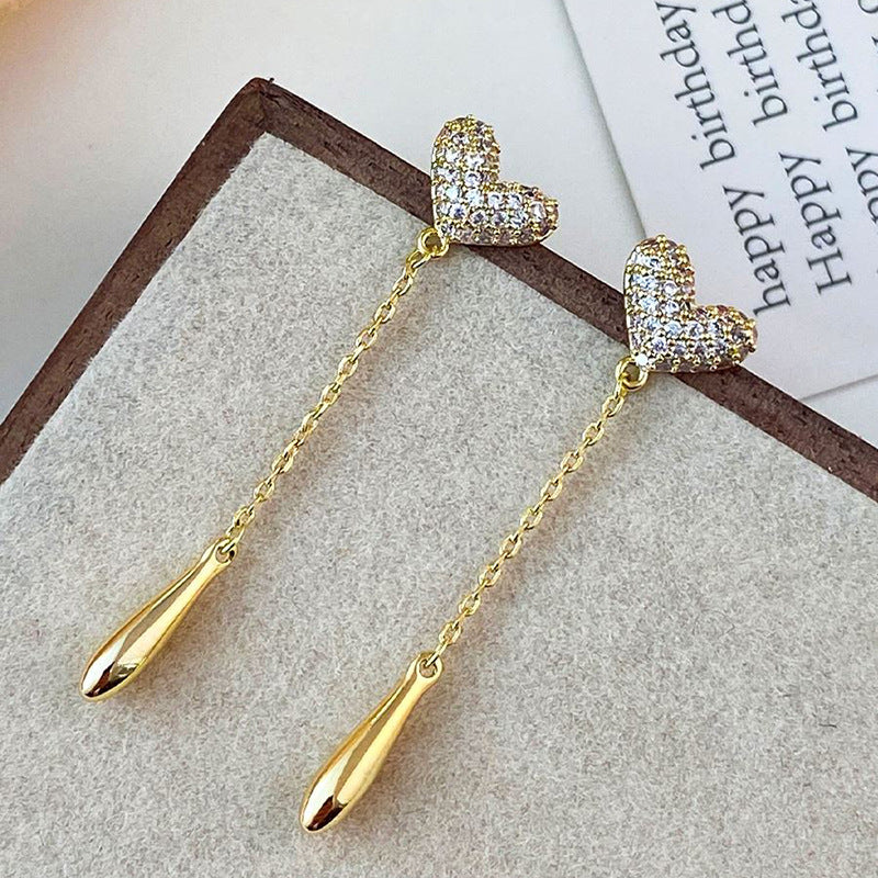Gold Heart Stud Earrings with Chain Dangles