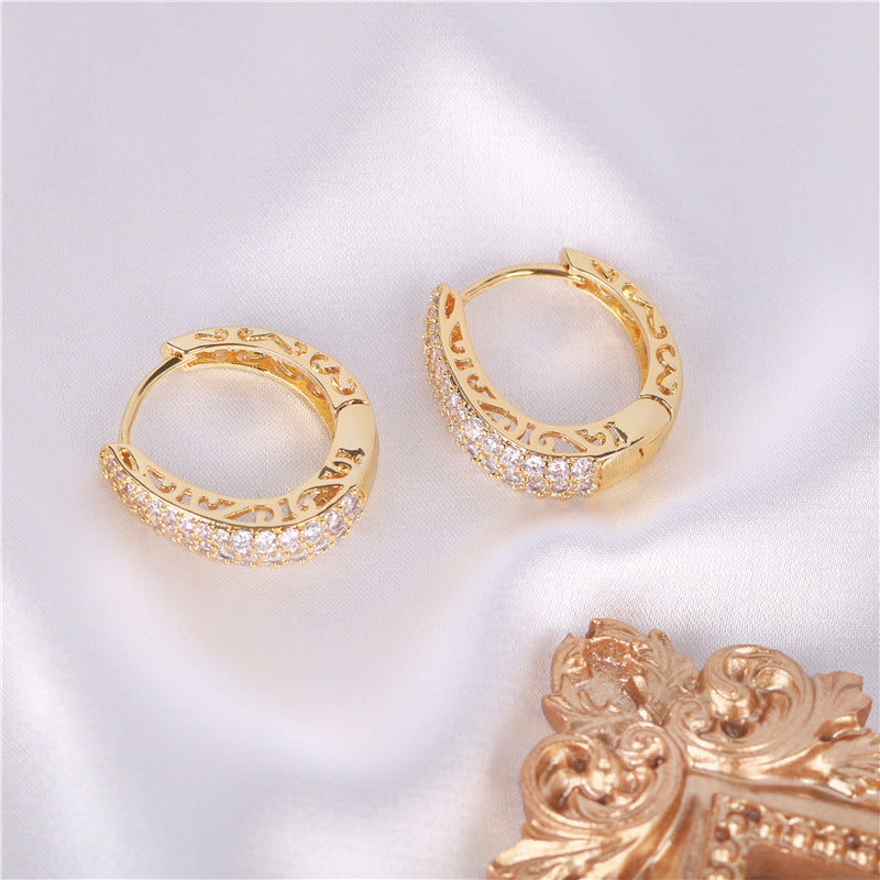 Gold Hoop Earrings with Carvings & Crystal Pave