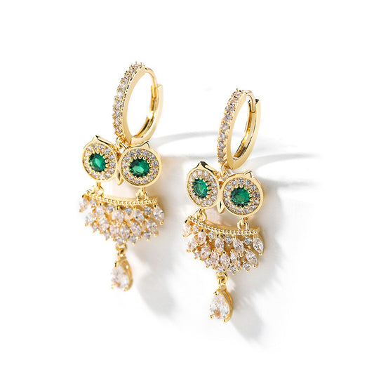 Emerald Owl Drop Earrings